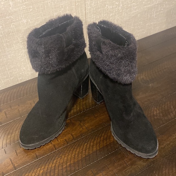 H by Halston Shoes - Halston Black Suede Faux Fur Boots